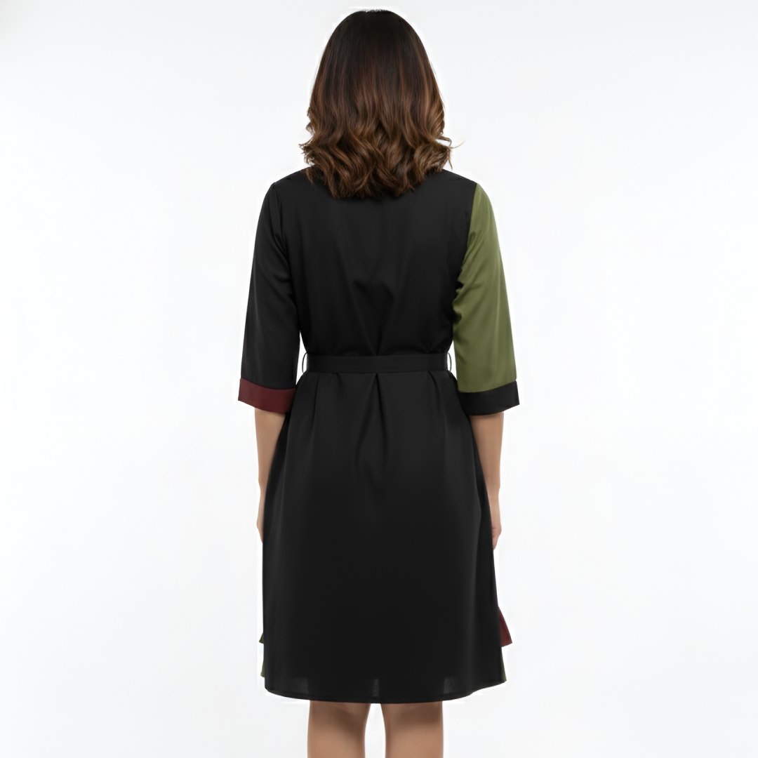 Women Black Olive Colorblock Panel Dress with Belt – Smart Office & Casual Wear