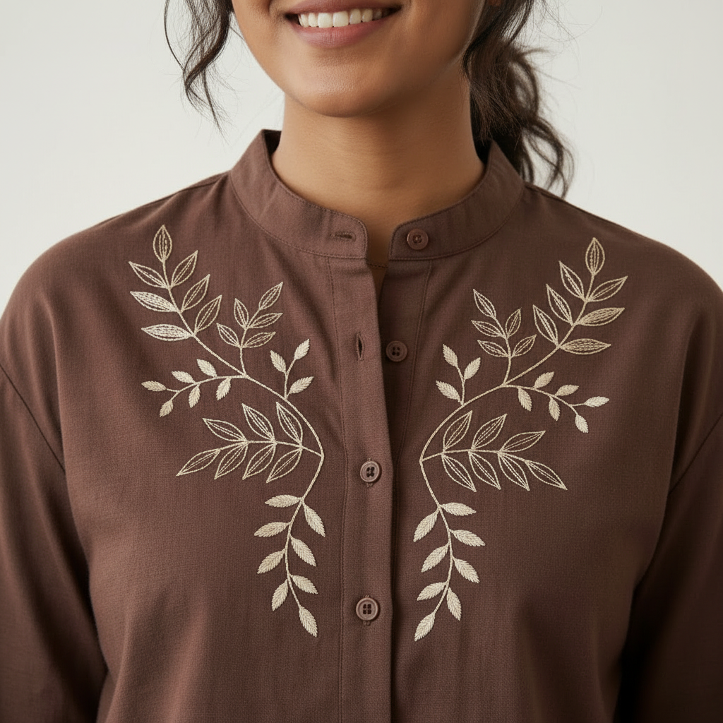 Minimalist Embroidered Mandarin Collar - Coffee Brown Premium Cotton Satin Shirt