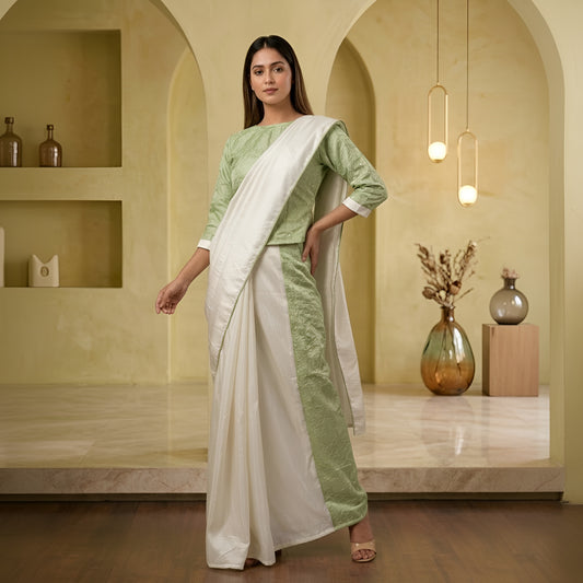 Elegant Pastel Green & Off-White Shinon/Organza Saree with Designer Blouse for Women