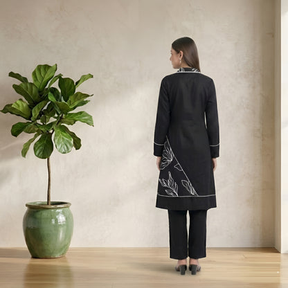 Women’s Black Floral Embroidery Co-Ord Set with Asymmetrical Kurta