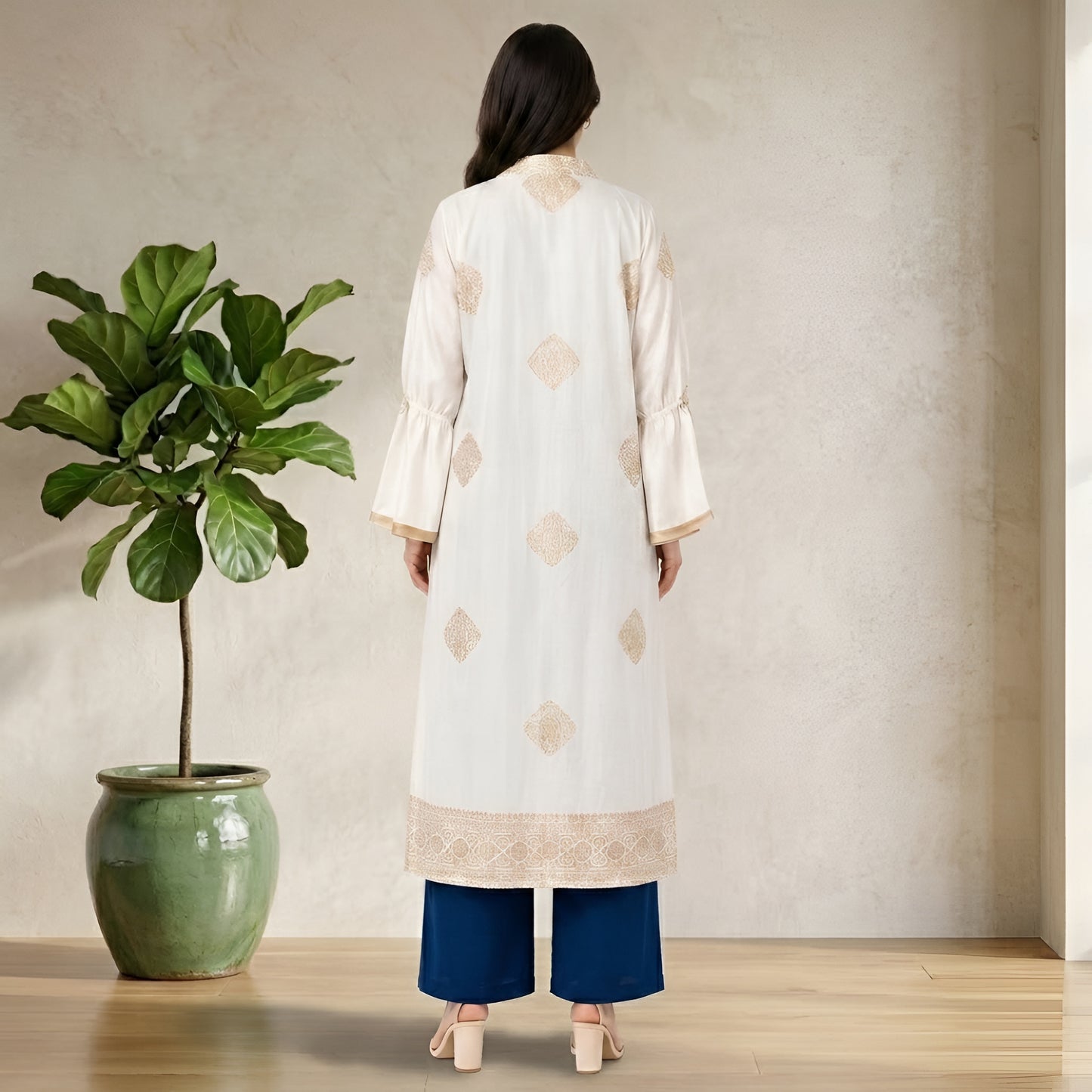 Royal Blue Wide Leg Jumpsuit with Embroidered White Shrug for Women