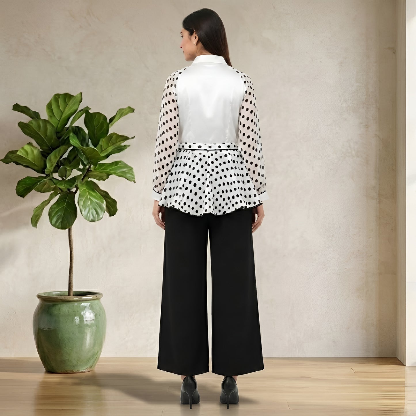 Women’s Black & White Polka Dot Peplum Co-Ord Set with Wide Leg Pants