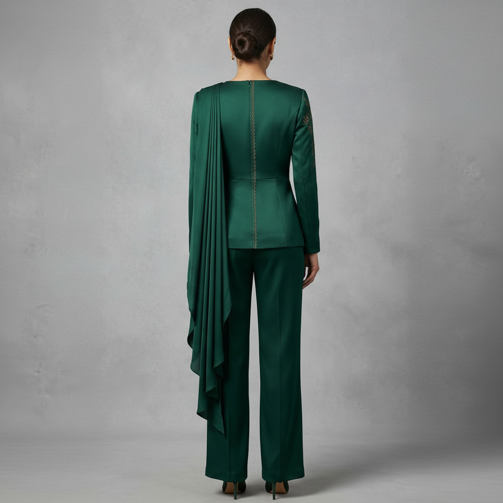 Emerald Green Asymmetric Co-ord Set with Floral Embroidery - Luxury Co-ord Set for Women