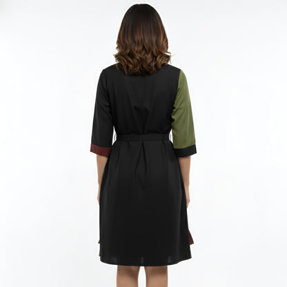 Women Black Olive Colorblock Panel Dress with Belt – Smart Office & Casual Wear