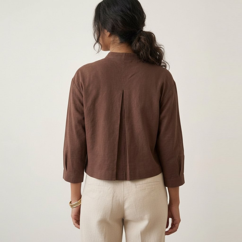 Minimalist Embroidered Mandarin Collar - Coffee Brown Premium Cotton Satin Shirt