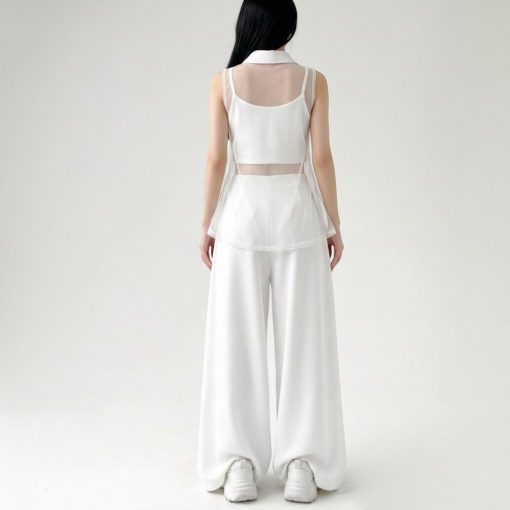 Luxury  White Co-ord Set - Minimalist Sheer Overlay Tunic & Wide-Leg Trousers