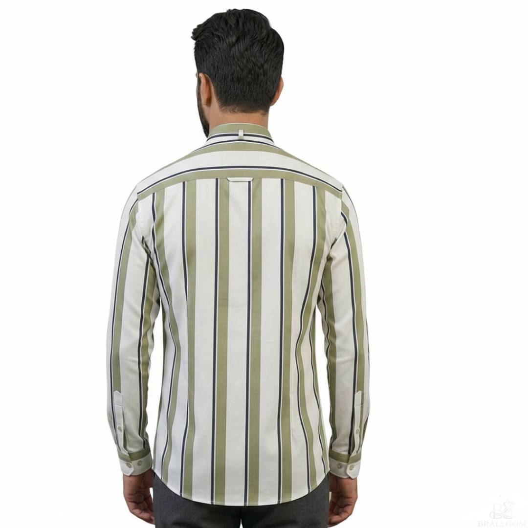 Men’s Rayon Striped Shirt – Olive Green Vertical Stripe Mandarin Collar Casual Shirt