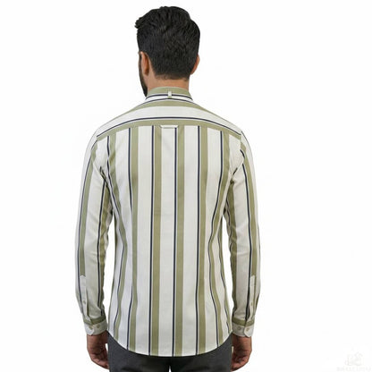 Men’s Rayon Striped Shirt – Olive Green Vertical Stripe Mandarin Collar Casual Shirt