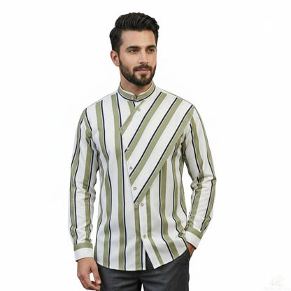 Men’s Rayon Striped Shirt – Olive Green Vertical Stripe Mandarin Collar Casual Shirt