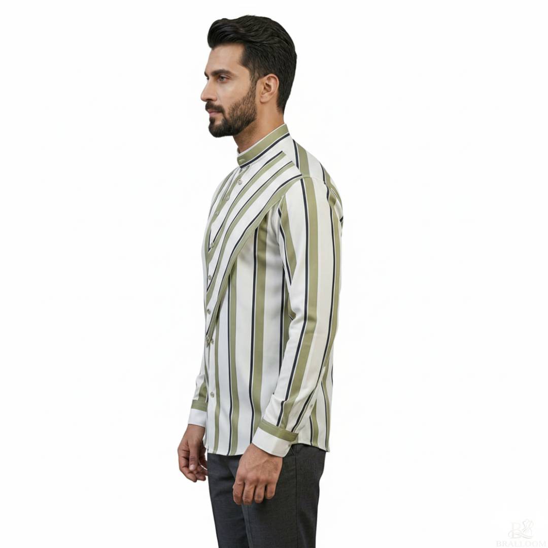 Men’s Rayon Striped Shirt – Olive Green Vertical Stripe Mandarin Collar Casual Shirt