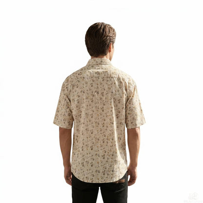 Men’s Cotton Floral Printed Half Drop Shoulder Sleeve Shirt – Beige Casual Summer Lightweight Shirt