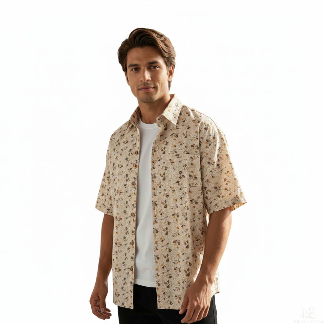 Men’s Cotton Floral Printed Half Drop Shoulder Sleeve Shirt – Beige Casual Summer Lightweight Shirt
