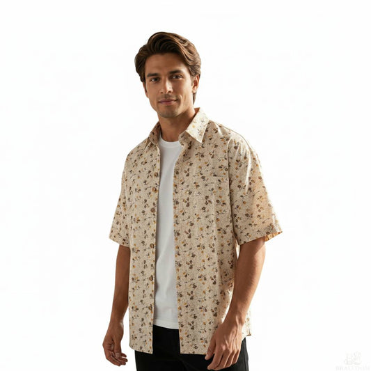Men’s Cotton Floral Printed Half Drop Shoulder Sleeve Shirt – Beige Casual Summer Lightweight Shirt