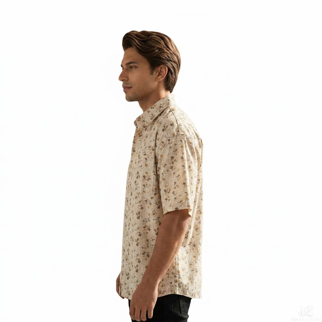 Men’s Cotton Floral Printed Half Drop Shoulder Sleeve Shirt – Beige Casual Summer Lightweight Shirt