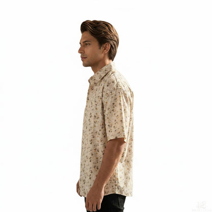 Men’s Cotton Floral Printed Half Drop Shoulder Sleeve Shirt – Beige Casual Summer Lightweight Shirt