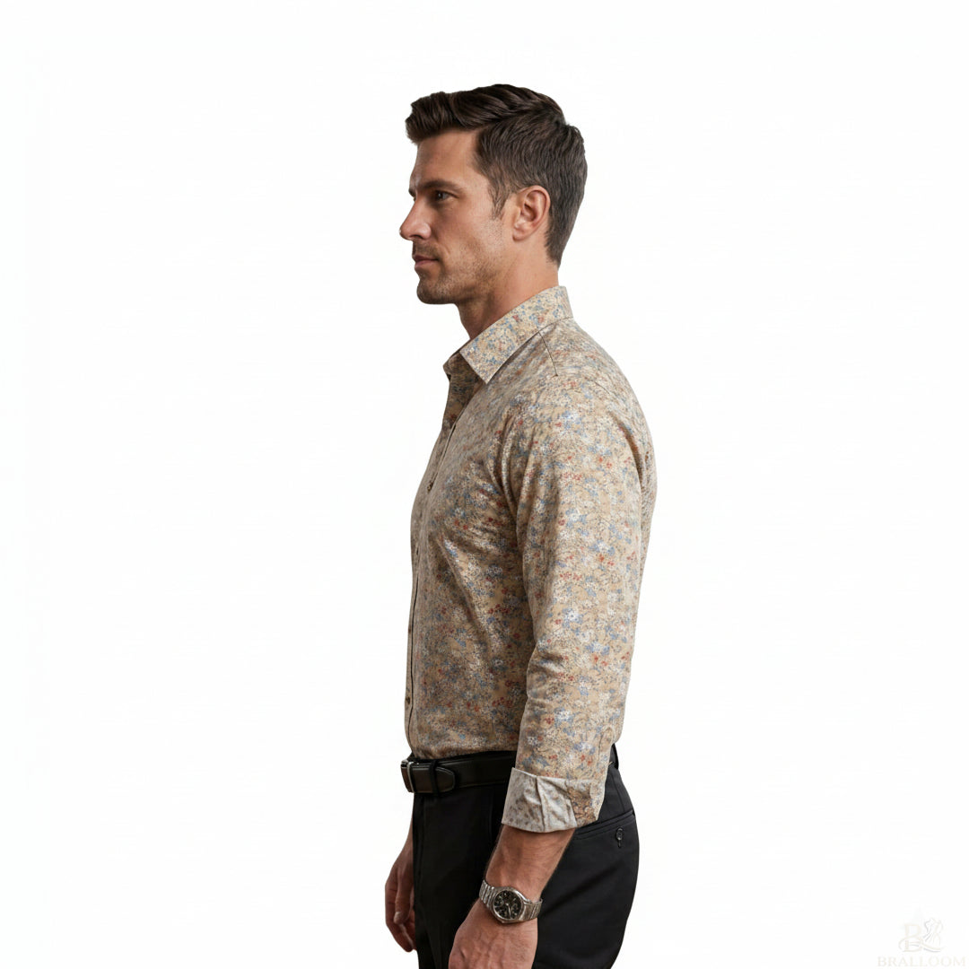 Men’s Rayon Floral Printed Shirt – Beige Premium Casual Full Sleeve Slim Fit Shirt