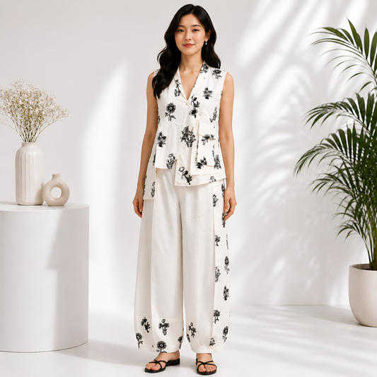 Asymmetric Floral Print Co-ord Set with Pleated Wide-Leg Trousers