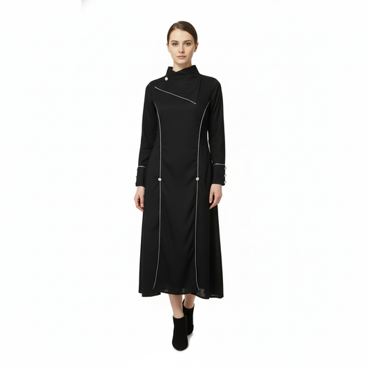 Elegant Black High-Neck Long Kurtis  with Contrast Piping & Button Details