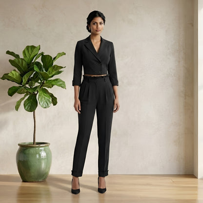 Black Co-Ord Set for Women | Cropped Blazer & High Waist Trousers | Formal Chic Outfit