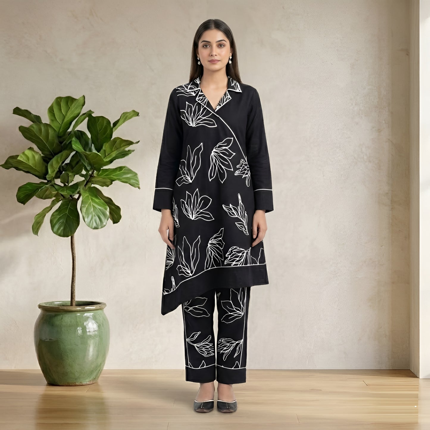 Women’s Black Floral Embroidery Co-Ord Set with Asymmetrical Kurta