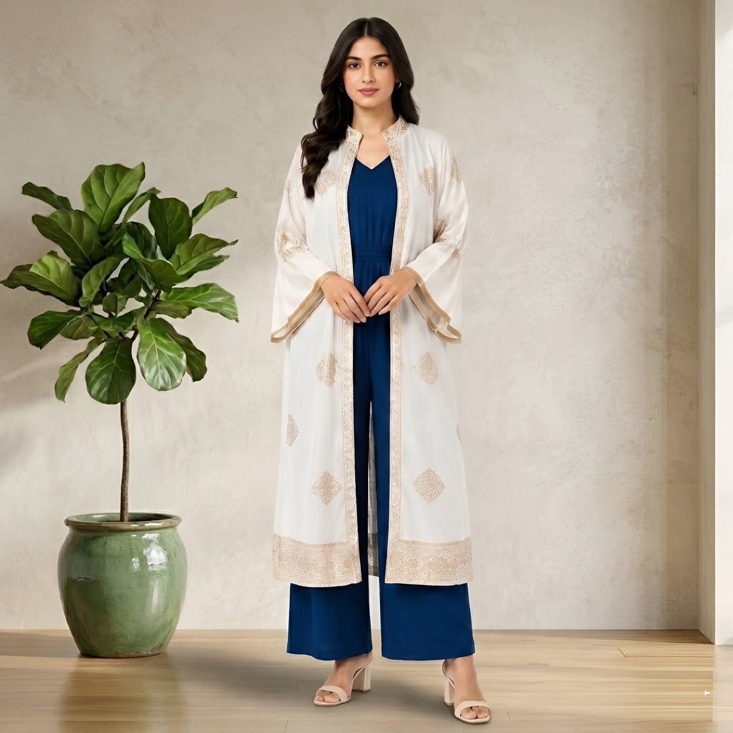 Royal Blue Wide Leg Jumpsuit with Embroidered White Shrug for Women