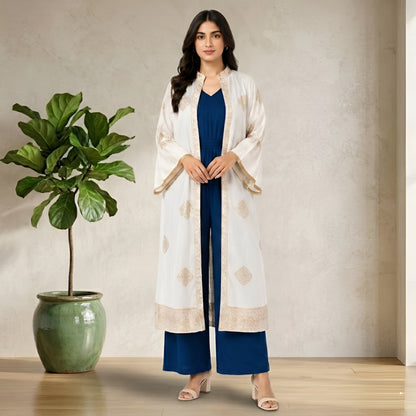 Royal Blue Wide Leg Jumpsuit with Embroidered White Shrug for Women