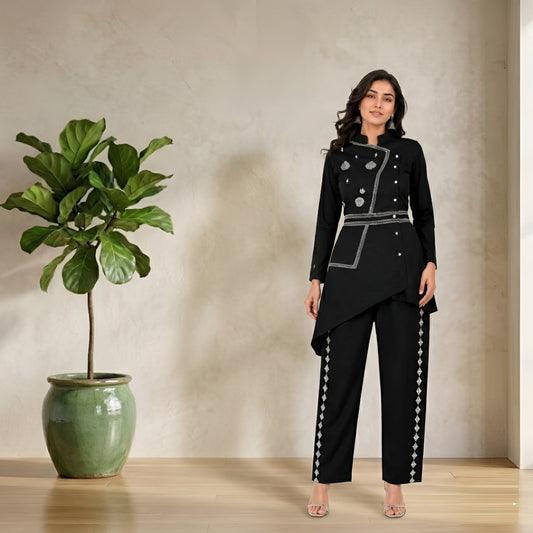 Black Embroidered Cotton Satin Co-Ord Set for Women