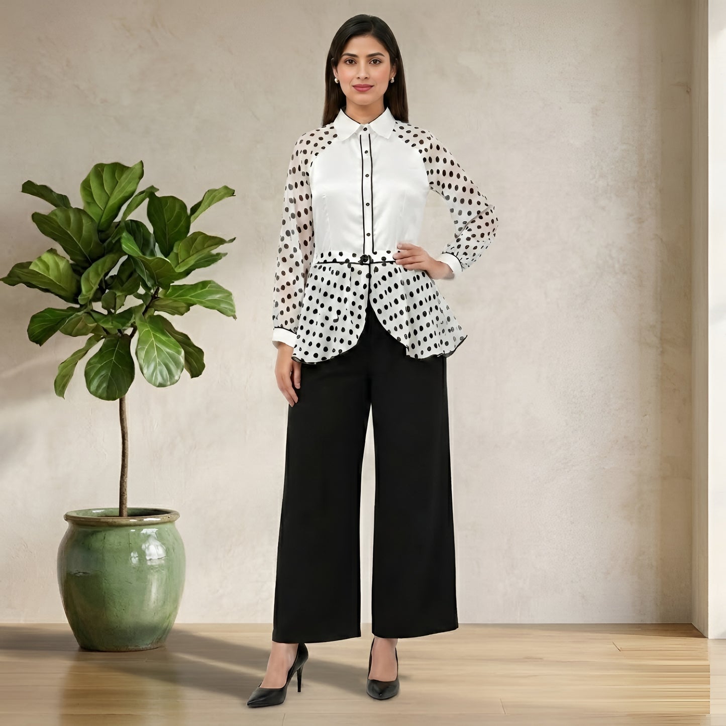 Women’s Black & White Polka Dot Peplum Co-Ord Set with Wide Leg Pants
