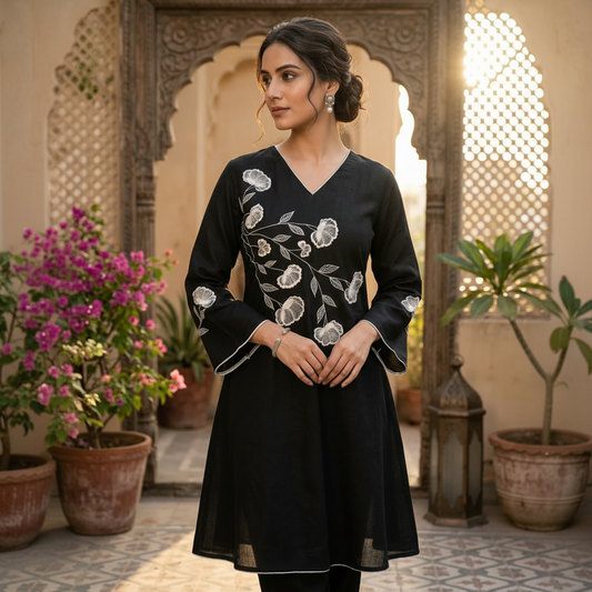 Black Cotton Cambric Embroidered Kurti for Women | Floral Design | Casual & Festive Wear