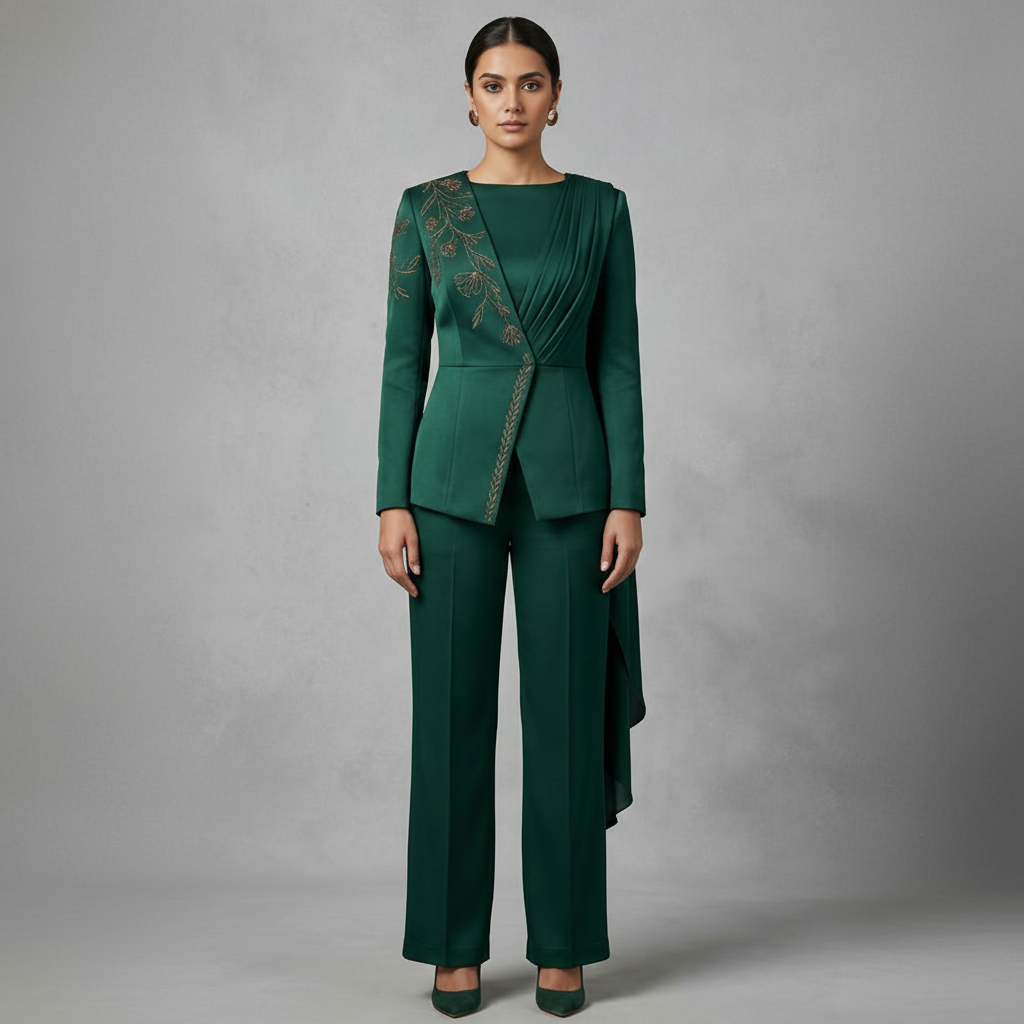 Emerald Green Asymmetric Co-ord Set with Floral Embroidery - Luxury Co-ord Set for Women