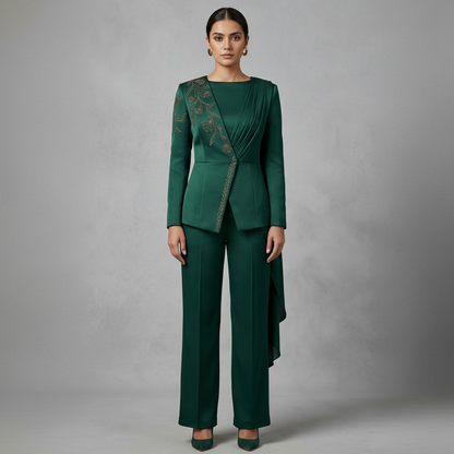 Emerald Green Asymmetric Co-ord Set with Floral Embroidery - Luxury Co-ord Set for Women