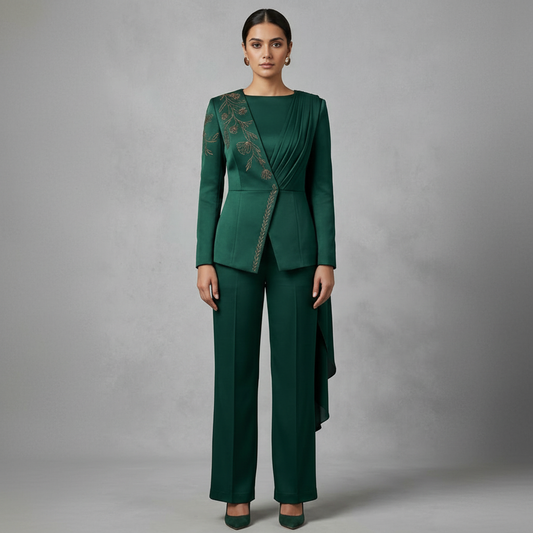 Emerald Green Asymmetric Co-ord Set with Floral Embroidery - Luxury Co-ord Set for Women
