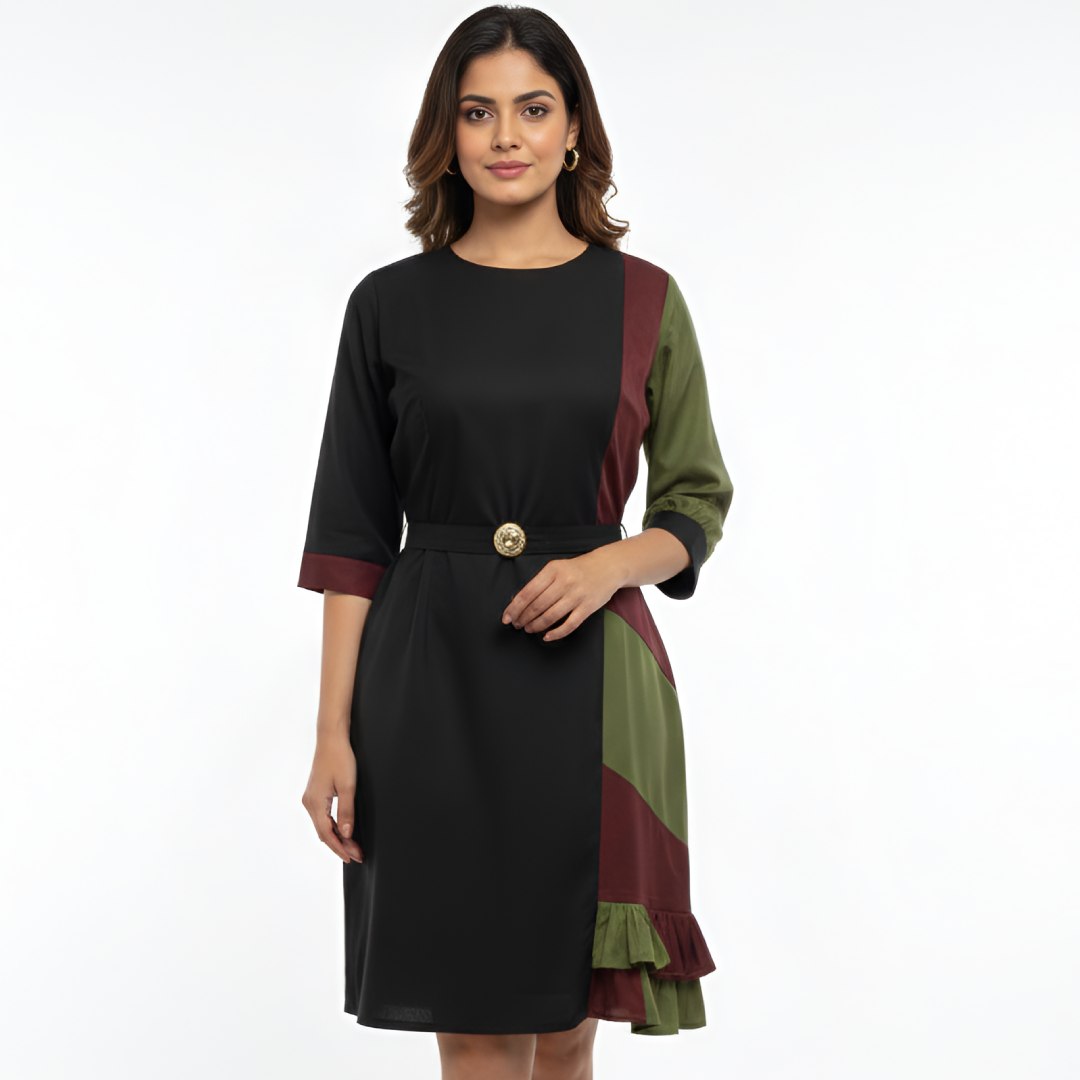 Women Black Olive Colorblock Panel Dress with Belt – Smart Office & Casual Wear