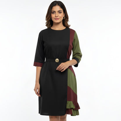 Women Black Olive Colorblock Panel Dress with Belt – Smart Office & Casual Wear