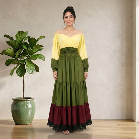 Women’s Yellow & Olive Green Off-Shoulder Maxi Dress | Elegant Party Wear Gown