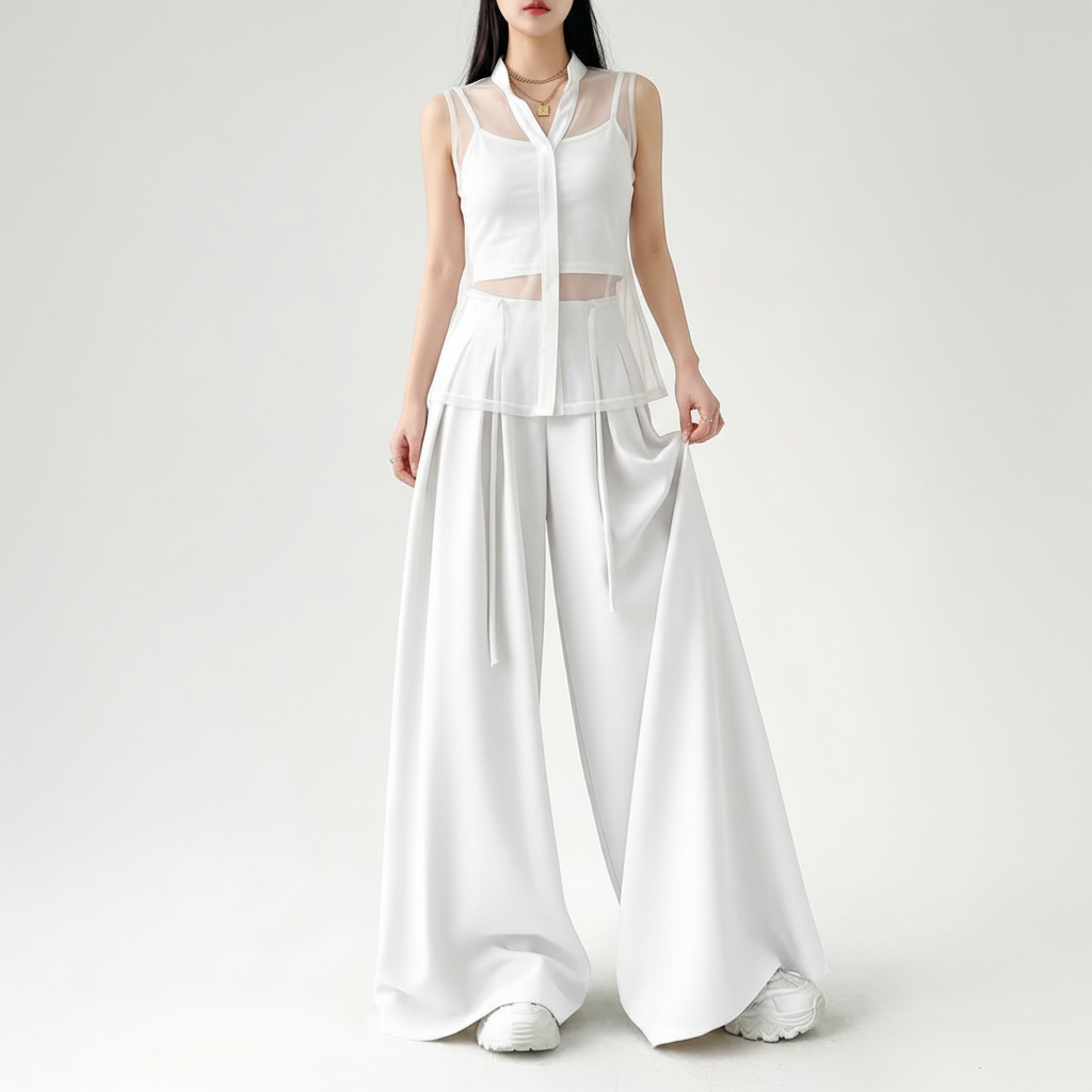 Luxury  White Co-ord Set - Minimalist Sheer Overlay Tunic & Wide-Leg Trousers