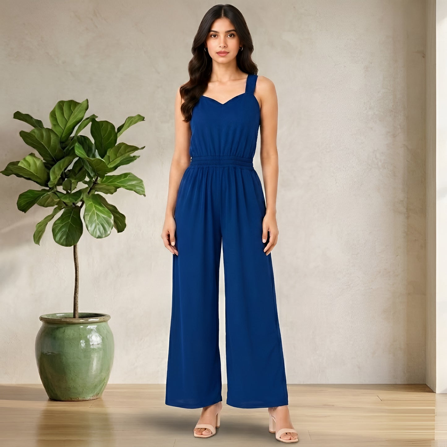 Royal Blue Wide Leg Jumpsuit with Embroidered White Shrug for Women