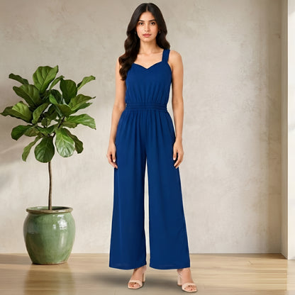 Royal Blue Wide Leg Jumpsuit with Embroidered White Shrug for Women
