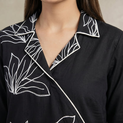 Women’s Black Floral Embroidery Co-Ord Set with Asymmetrical Kurta