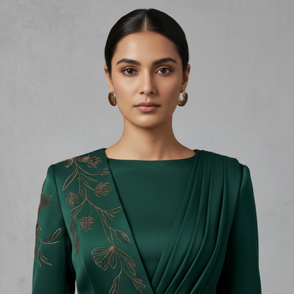 Emerald Green Asymmetric Co-ord Set with Floral Embroidery - Luxury Co-ord Set for Women