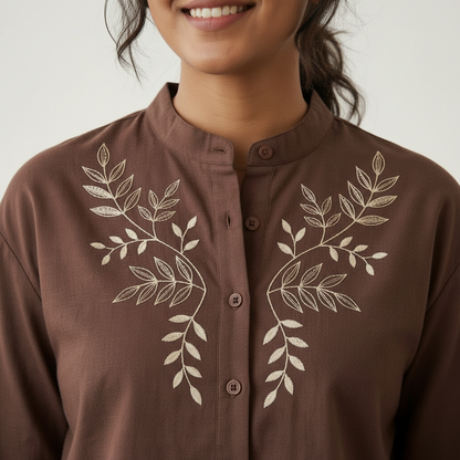 Minimalist Embroidered Mandarin Collar - Coffee Brown Premium Cotton Satin Shirt