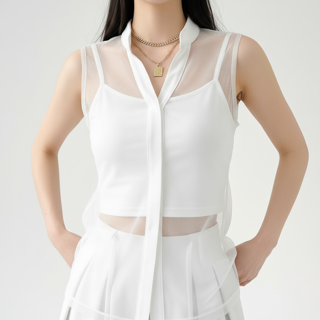 Luxury  White Co-ord Set - Minimalist Sheer Overlay Tunic & Wide-Leg Trousers