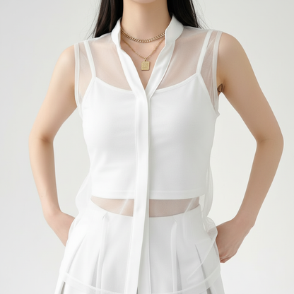 Luxury  White Co-ord Set - Minimalist Sheer Overlay Tunic & Wide-Leg Trousers