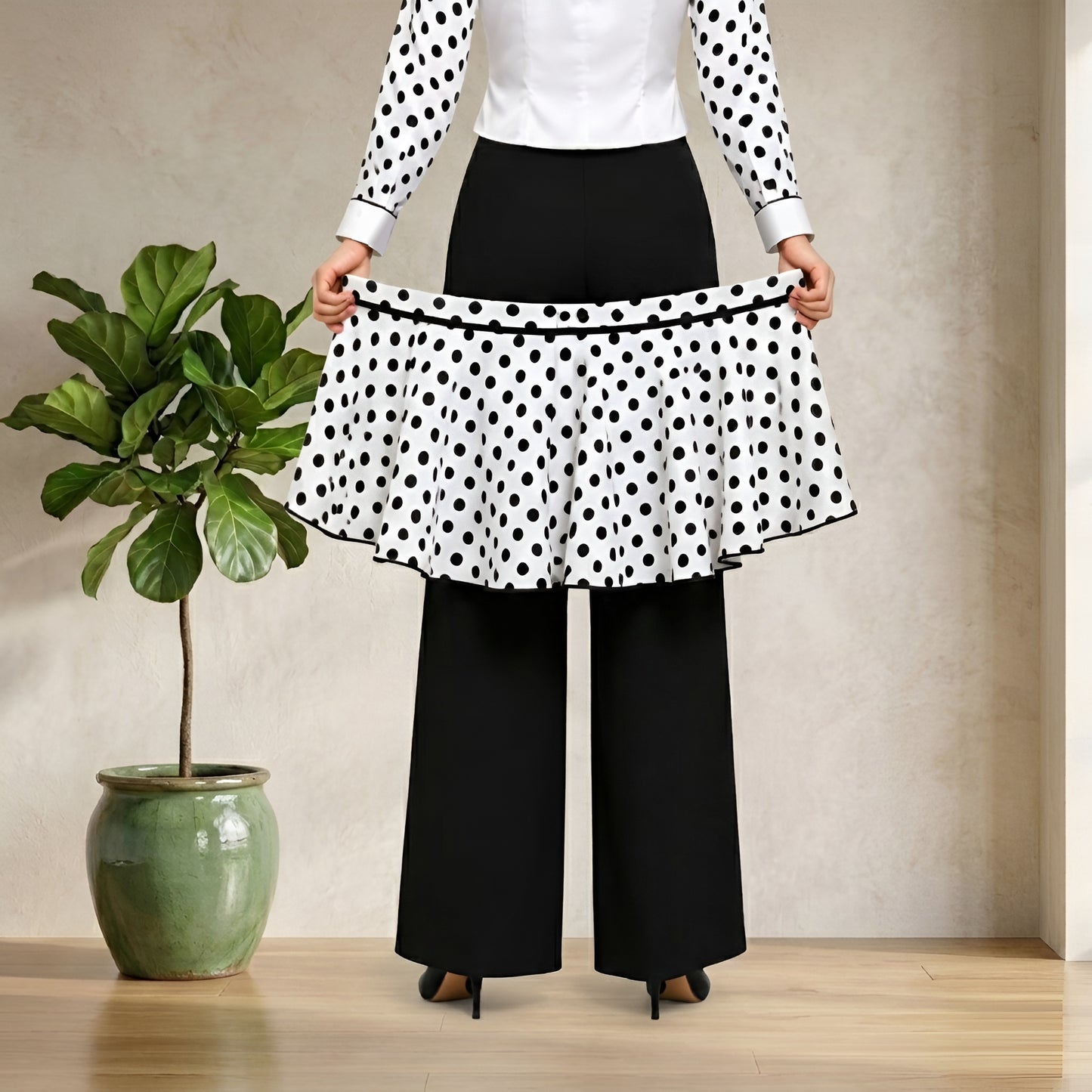 Women’s Black & White Polka Dot Peplum Co-Ord Set with Wide Leg Pants