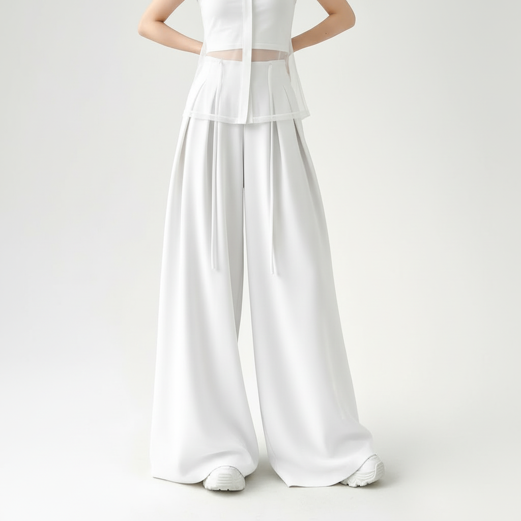 Luxury  White Co-ord Set - Minimalist Sheer Overlay Tunic & Wide-Leg Trousers