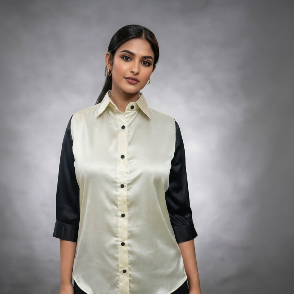 Dual Tone Satin & Banana Fabric Co-Ord Set - Pearl & Black