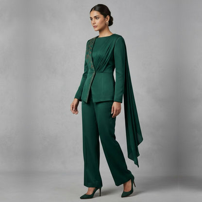 Emerald Green Asymmetric Co-ord Set with Floral Embroidery - Luxury Co-ord Set for Women