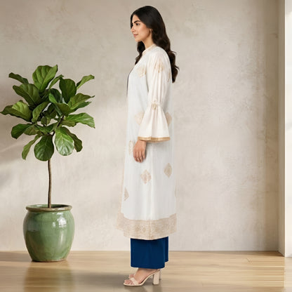 Royal Blue Wide Leg Jumpsuit with Embroidered White Shrug for Women