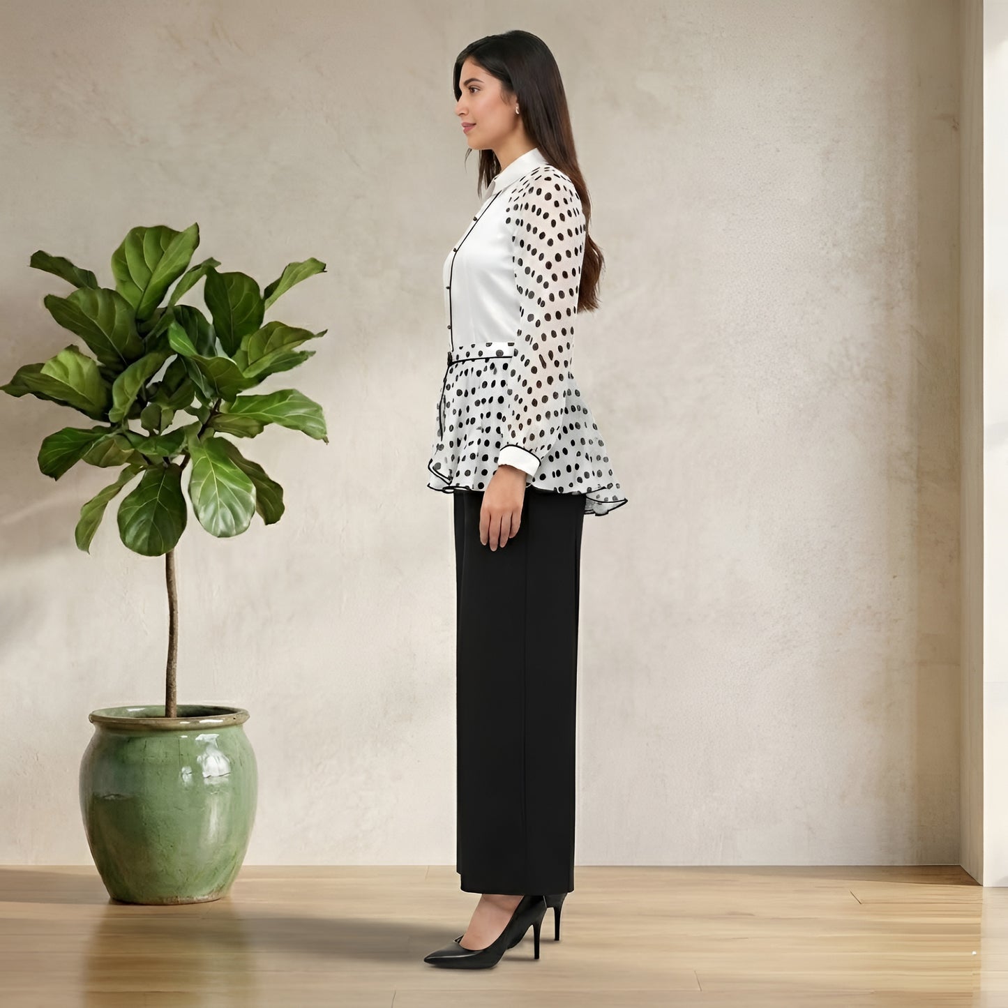 Women’s Black & White Polka Dot Peplum Co-Ord Set with Wide Leg Pants
