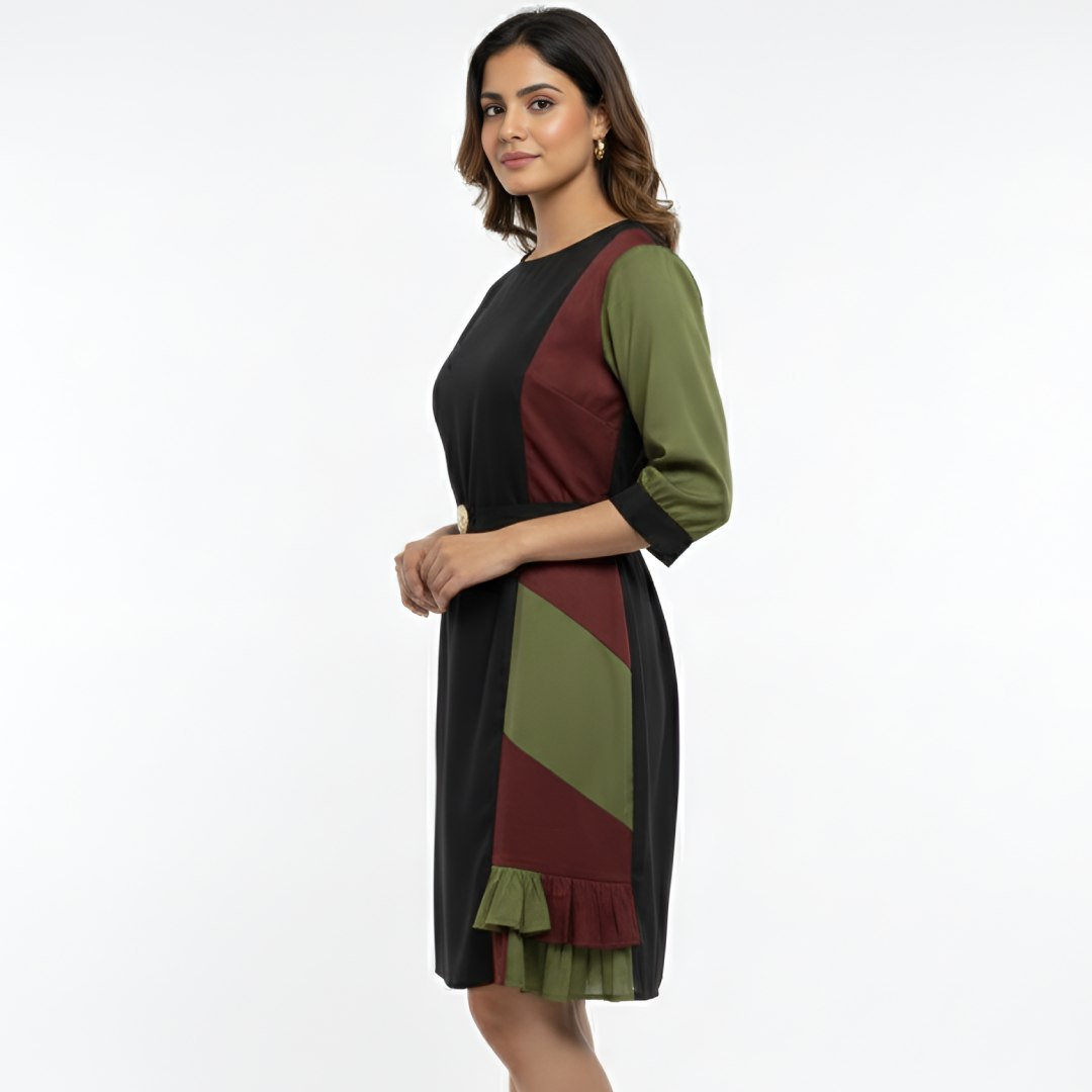 Women Black Olive Colorblock Panel Dress with Belt – Smart Office & Casual Wear